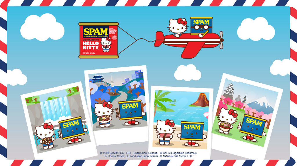 cartoon-like design showing Hello Kitty and Spam