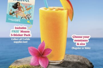 Tropical Smoothie Moana beverage shown-A Moana-themed Tropical Smoothie Cafe poster featuring an orange mango smoothie on a rock overlooking a blue ocean.