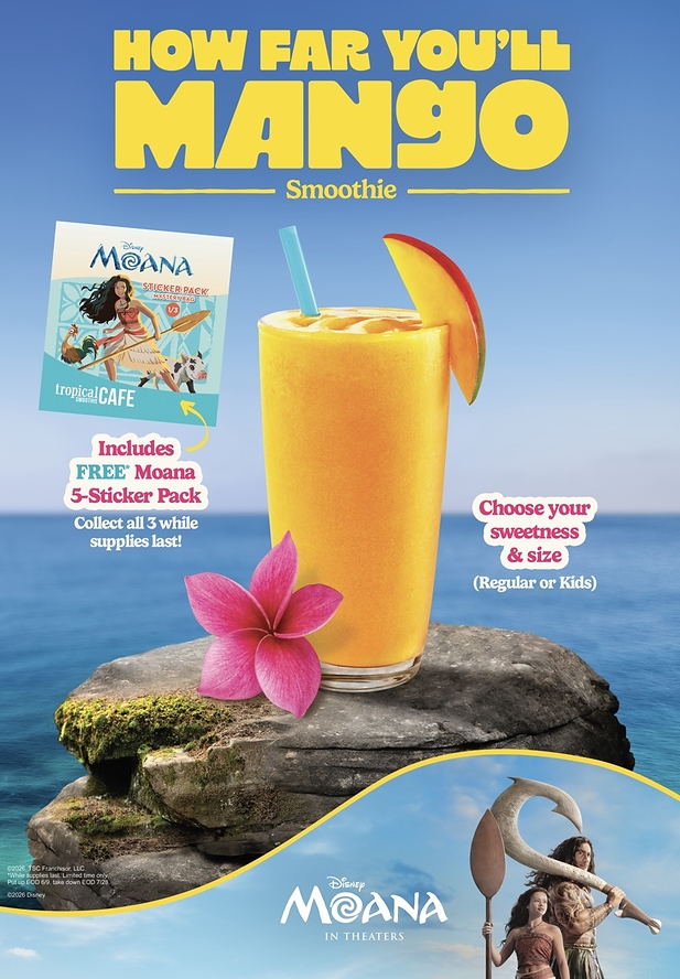 Tropical Smoothie Moana beverage shown-A Moana-themed Tropical Smoothie Cafe poster featuring an orange mango smoothie on a rock overlooking a blue ocean.