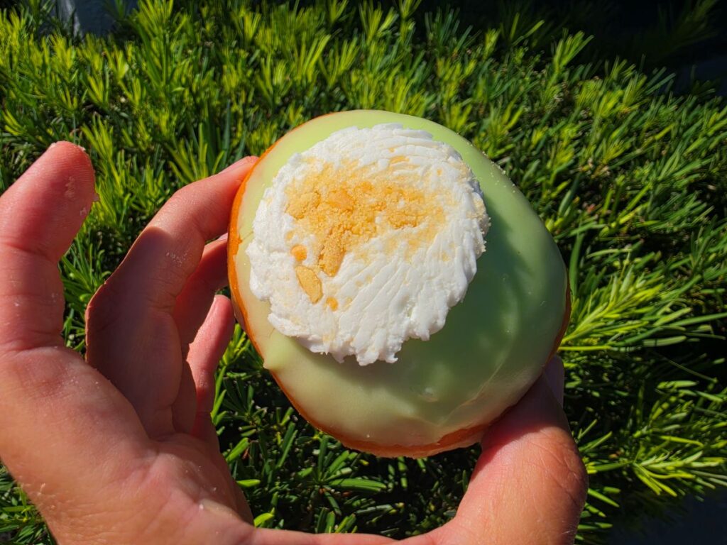 A hand holding a key lime doughnut dipped in pale green icing and finished with a large dollop of white whipped cream and graham cracker crumbs.