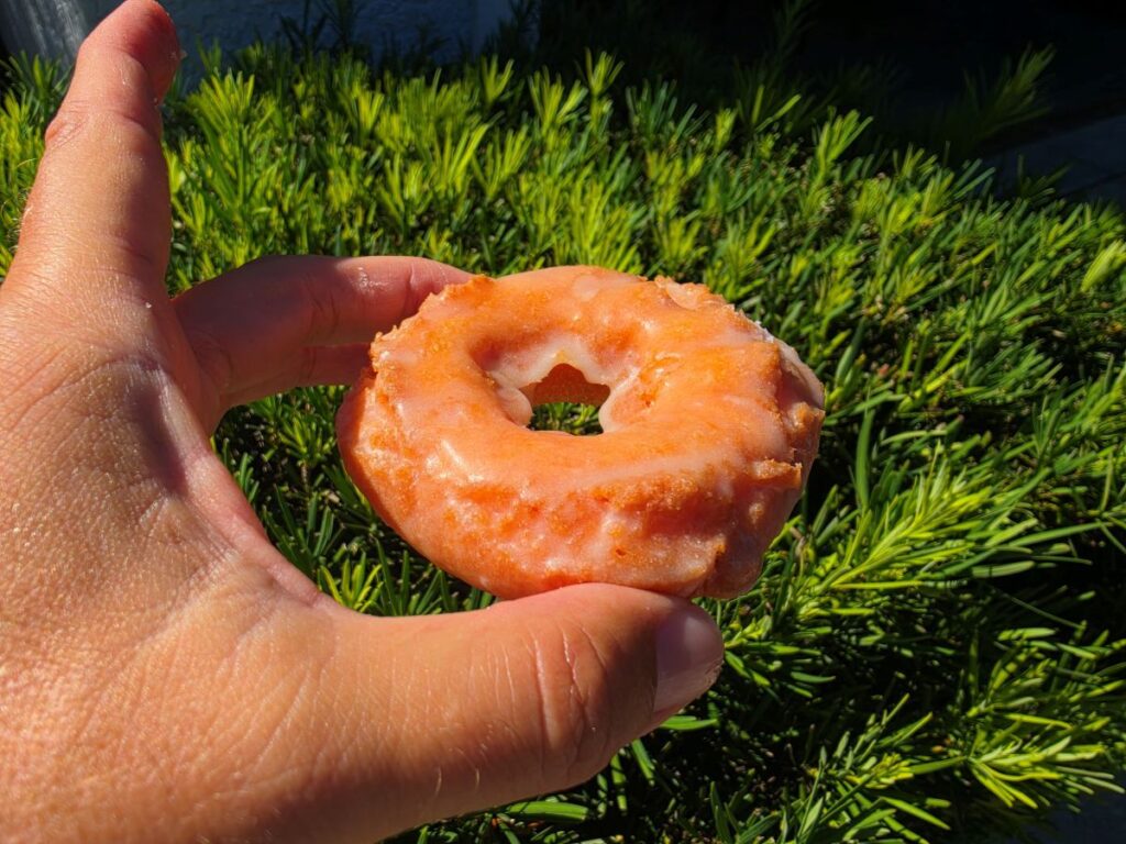 A close-up of a hand holding a pink, glazed strawberry old-fashioned cake doughnut outdoors in front of a bright green sunlit bush.