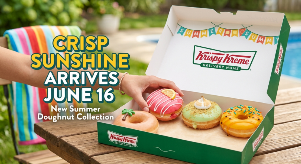 Krispy Kreme summer doughnuts - AI-generated image showing a hand reaching into a Krispy Kreme box for a doughnut