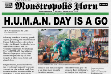 Monstropolis construction update with newspaper image telling about it