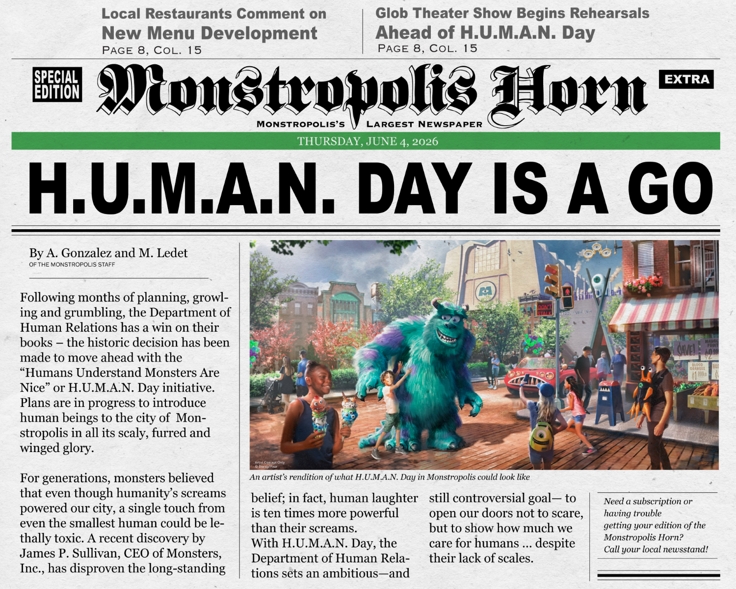 Monstropolis construction update with newspaper image telling about it
