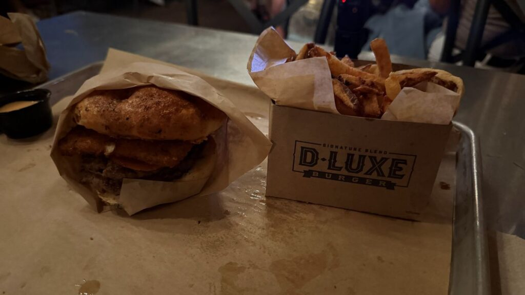Photo of Pepperoni Pizza Burger showing the fried mozzarella and bread