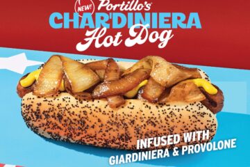 Promotional graphic for Portillo’s Char'diniera Hot Dog. A hot dog on a poppy seed bun is topped with yellow mustard and grilled onions, resting on a bright blue background. Text at the top reads "NEW! Portillo's Char'diniera Hot Dog," and the bottom text says "INFUSED WITH GIARDINIERA & PROVOLONE."