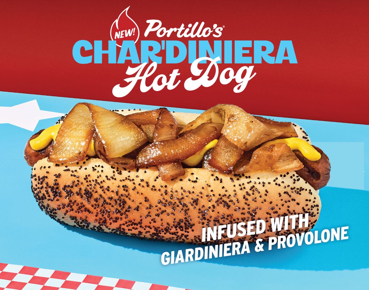 Promotional graphic for Portillo’s Char'diniera Hot Dog. A hot dog on a poppy seed bun is topped with yellow mustard and grilled onions, resting on a bright blue background. Text at the top reads "NEW! Portillo's Char'diniera Hot Dog," and the bottom text says "INFUSED WITH GIARDINIERA & PROVOLONE."