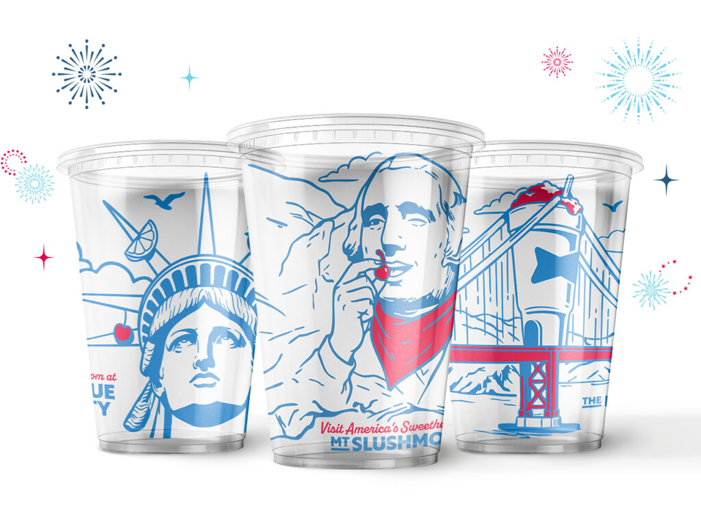 Three clear, limited-edition 20-ounce promotional plastic cups from Sonic against a white background with scattered firework illustrations. The cups feature blue and red line art designs inspired by iconic U.S. landmarks, including the Statue of Liberty with a cherry on her torch crown, George Washington at "Mt. Slushmore" eating a cherry, and the Golden Gate Bridge featuring a large frozen beverage graphic.