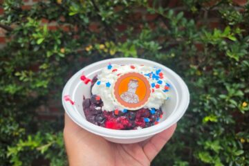 A star-spangled Sam Eagle berry shortcake dessert held up in an outdoor brick patio seating area, showcasing vibrant Fourth of July Treats perfect for a summer celebration.