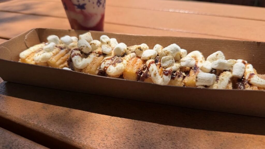 A close-up shot of the S'mores Churro pieces topped with graham cracker crumbs, chocolate syrup, whipped cream, and mini marshmallows