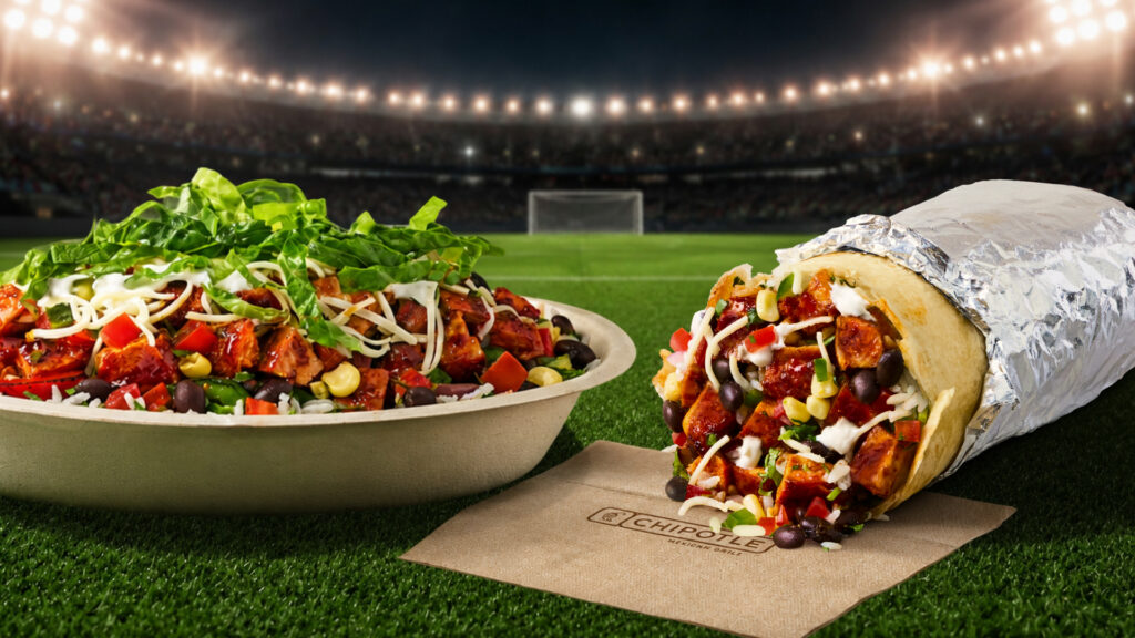 Chipotle Soccer Jersey BOGO promotional image showing a bowl-style entree and a burrito on a soccer pitch.