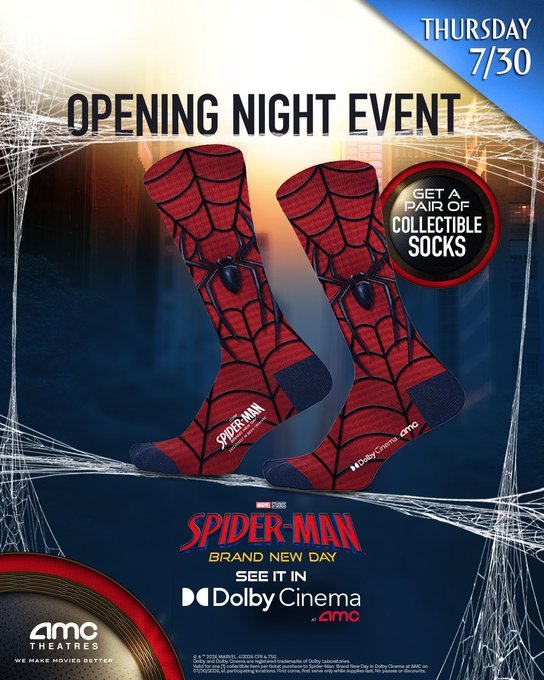 Opening night event advertisement for AMC Theatres highlighting an exclusive piece of Spider-Man theatre merchandise, showing a pair of red-and-black collectible socks with a spider web design suspended over a blurry city skyline backdrop.
