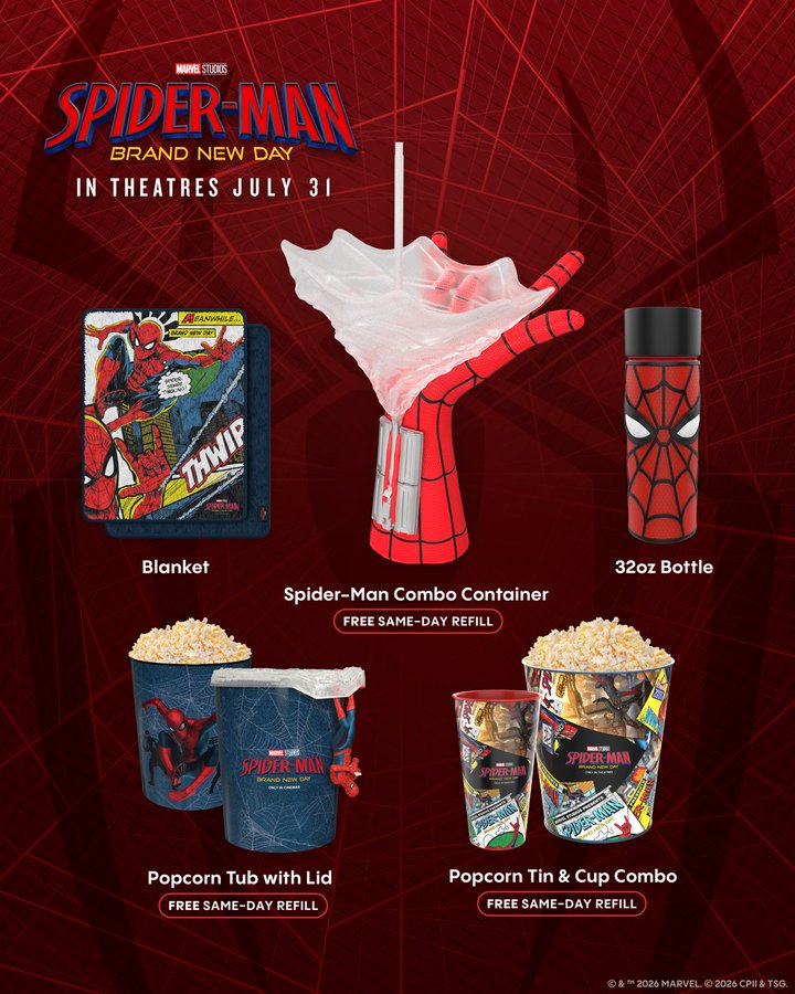 Promotional flyer for Cinemark showcasing a collection of Spider-Man theatre merchandise on a red web-patterned background, including a comic-style blanket, a web-shooter hand combo container, a 32oz mask bottle, a blue popcorn tub with a lid, and a comic-strip popcorn tin and cup combo.