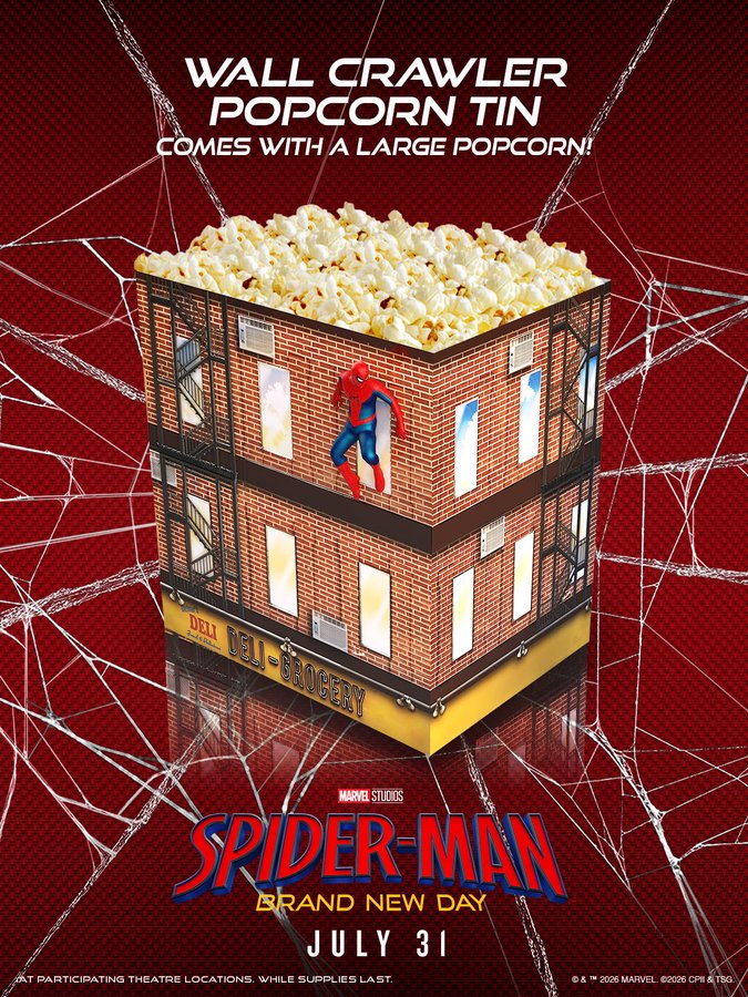 Promotional flyer for Regal displaying a highly detailed "Wall Crawler Popcorn Tin," a unique piece of Spider-Man theatre merchandise shaped like a brick New York City apartment building with a small Spider-Man figure crawling on the wall above a corner deli-grocery awning.