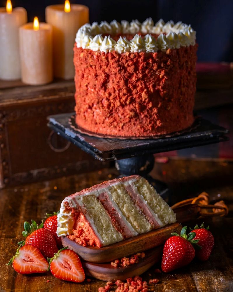 Strawberry cake with white frosting swirls on top, set on a pedestal with lit candles in the background for Gideon's Bakehouse June 2026