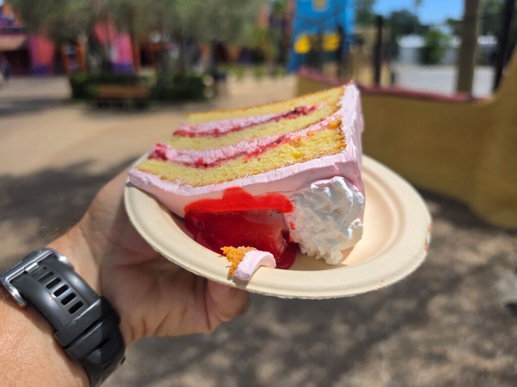 Busch Gardens Strawberry Shortcake on a white plate seen outdoors