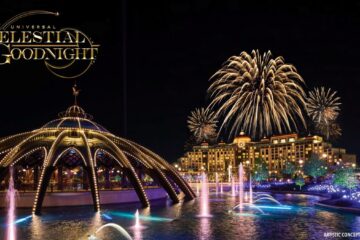 An artistic conceptual rendering for Universal Orlando Resort, showcasing a night-time spectacular titled "Universal Celestial Goodnight." In the foreground, an illuminated dome structure with golden lights sits on a waterfront, where fountains shoot vibrant white, pink, and blue streams of water into the air. In the background, a large, grand resort hotel is lit up beneath a dark night sky filled with exploding golden fireworks. The official logo for "Universal Celestial Goodnight" is displayed in the top left corner in an elegant gold font, and the text "ARTISTIC CONCEPTUAL RENDERING" is printed in the bottom right corner.