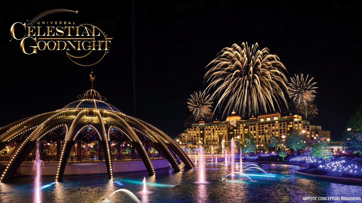 An artistic conceptual rendering for Universal Orlando Resort, showcasing a night-time spectacular titled "Universal Celestial Goodnight." In the foreground, an illuminated dome structure with golden lights sits on a waterfront, where fountains shoot vibrant white, pink, and blue streams of water into the air. In the background, a large, grand resort hotel is lit up beneath a dark night sky filled with exploding golden fireworks. The official logo for "Universal Celestial Goodnight" is displayed in the top left corner in an elegant gold font, and the text "ARTISTIC CONCEPTUAL RENDERING" is printed in the bottom right corner.