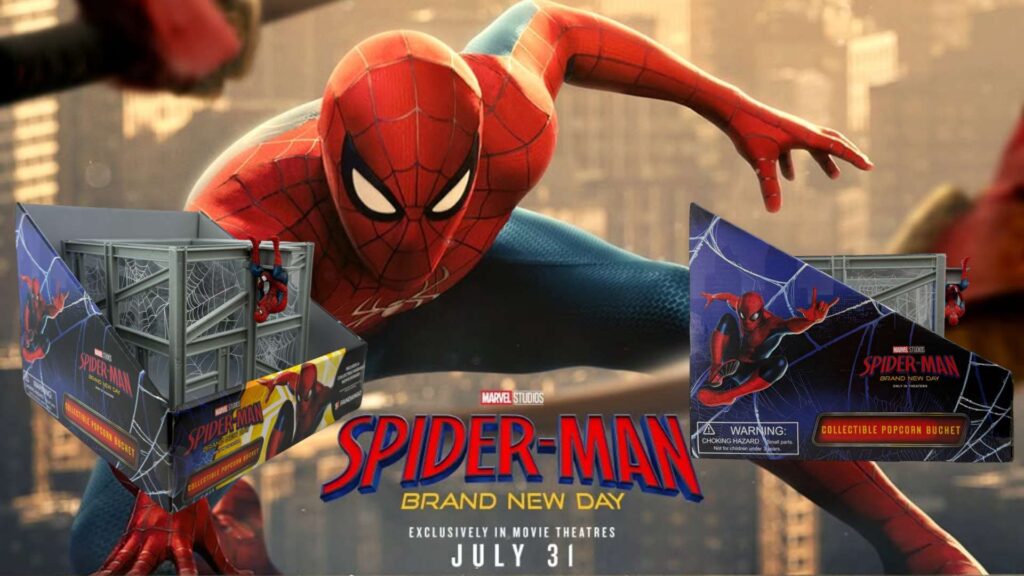 Movie poster promotional graphic showcasing the Spider-Man theatre merchandise from Walmart, featuring a grey collectible popcorn bucket shaped like a construction crate with a small Spider-Man figure climbing the side, set against a background of Spider-Man leaping forward in front of a city skyline.