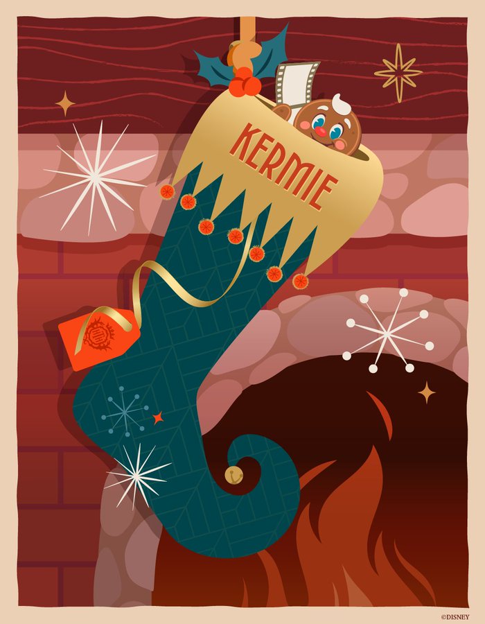 A festive illustration for Disney World holiday events showing a teal, elf-style stocking hanging from a fireplace mantel. The stocking has "KERMIE" written on the cuff, with a cute gingerbread character and a movie film strip peeking out from the top.