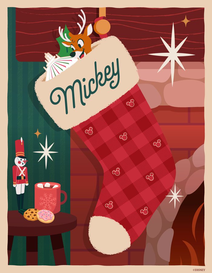 A charming holiday scene from Disney World holiday events featuring a red-and-pink checkered stocking labeled "Mickey" hanging by a fireplace. A cheerful reindeer character peeks out from inside, next to a small table holding a nutcracker, a mug of hot cocoa, and festive treats.