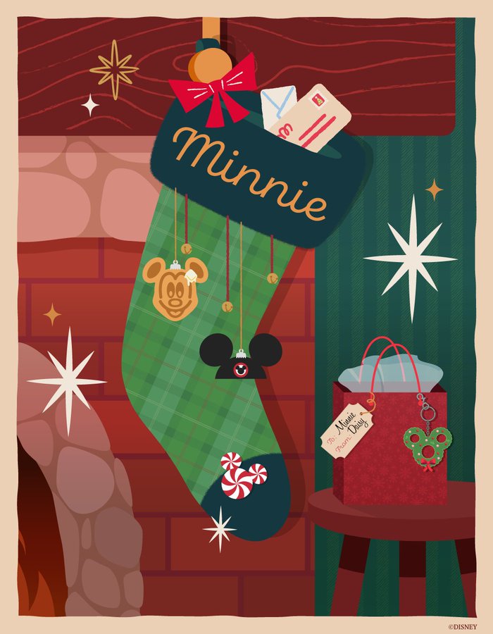 A colorful graphic showcasing Disney World holiday events with a green plaid stocking labeled "Minnie" hanging next to a stone fireplace. The stocking is adorned with Mickey-shaped ornaments and peppermints, positioned next to a small side table holding a red gift bag tagged "To: Minnie, From: Daisy."