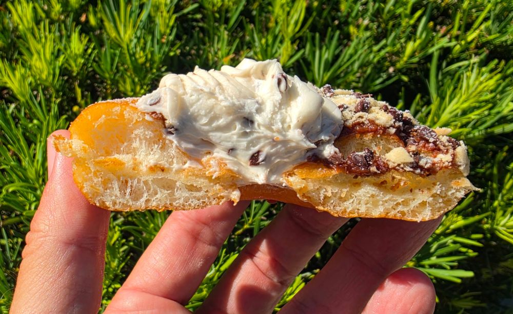 A cross-section view of a cannoli-inspired doughnut being held up, showing a fluffy yeast dough filled with rich chocolate chip cream and topped with chocolate drizzle.