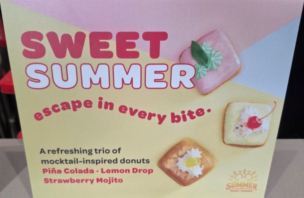 Poster advertising 'Sweet Summer' donuts with pastel background and the slogan 'escape in every bite'.