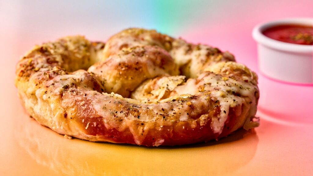 Warm 3 Cheese Bavarian Pretzel with marinara dipping sauce available at Pizza Predattoria