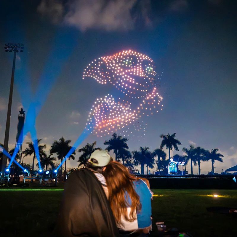 A couple sitting on a lawn watching a night drone show illuminating a large image of Dobby the house-elf from Harry Potter in the sky during Harry Potter Drone Show