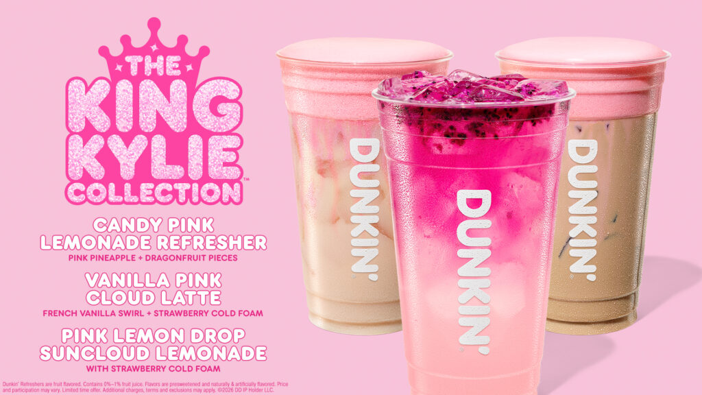 Dunkin' King Kylie Collection menu advertisement showcasing three pink-toned iced beverages with cold foam against a pastel pink background.