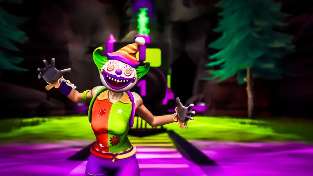 A vibrant Fortnitemares character with a twisted clown face and multicolored outfit stands excitedly in a neon-lit forest, evoking a playful yet eerie mood, which could work well for Fortnitemares HHN 2026