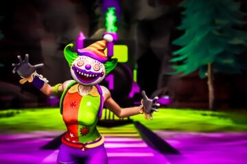 A vibrant Fortnitemares character with a twisted clown face and multicolored outfit stands excitedly in a neon-lit forest, evoking a playful yet eerie mood.