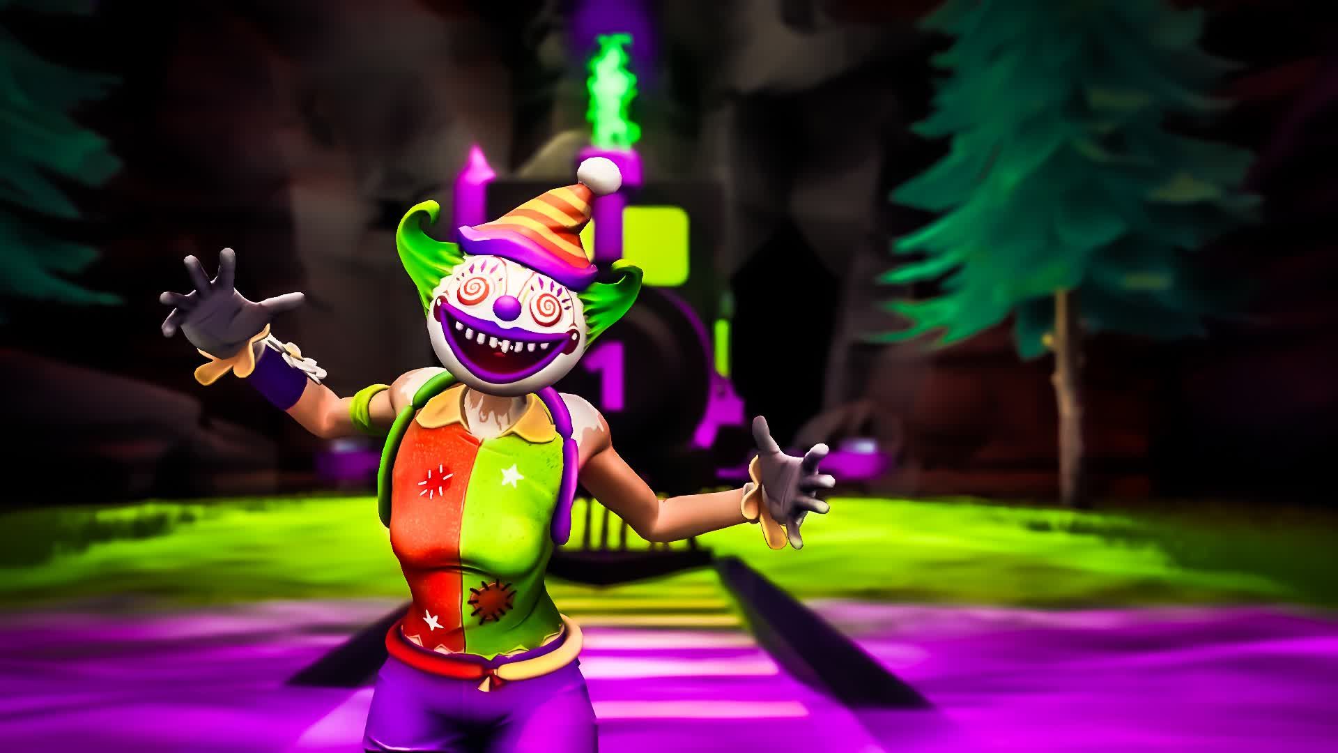 A vibrant Fortnitemares character with a twisted clown face and multicolored outfit stands excitedly in a neon-lit forest, evoking a playful yet eerie mood.