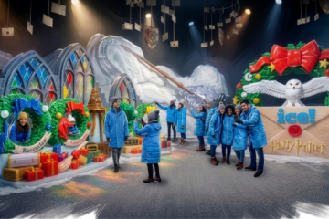 Visitors in blue parkas exploring a Harry Potter themed entrance featuring Hogwarts house crest wreaths, Hedwig, and floating acceptance letters at the ICE Christmas attraction.