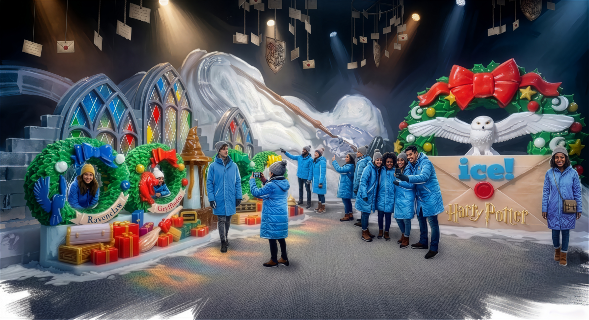 Visitors in blue parkas exploring a Harry Potter themed entrance featuring Hogwarts house crest wreaths, Hedwig, and floating acceptance letters at the ICE Christmas attraction.