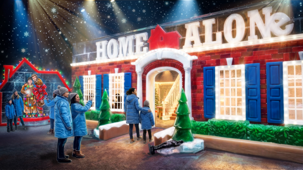 Guests posing in front of a giant ice sculpture replica of the McCallister house from Home Alone at the ICE Christmas attraction