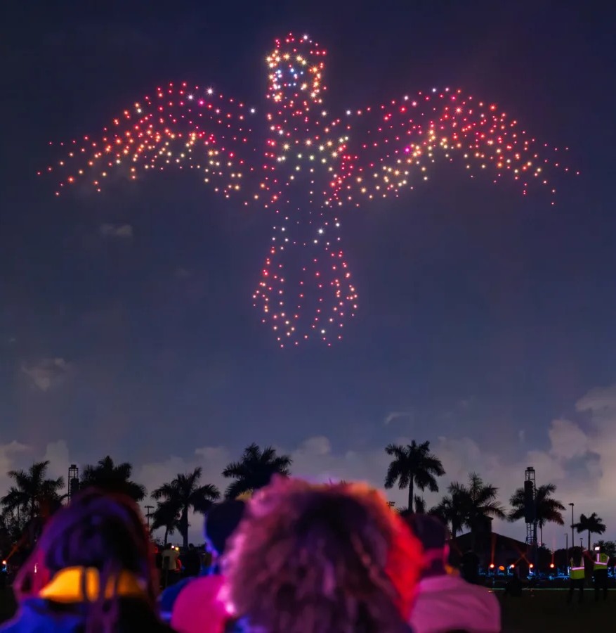 An outdoor crowd watches a nighttime drone light show forming a massive, glowing bird with outstretched wings in the sky.