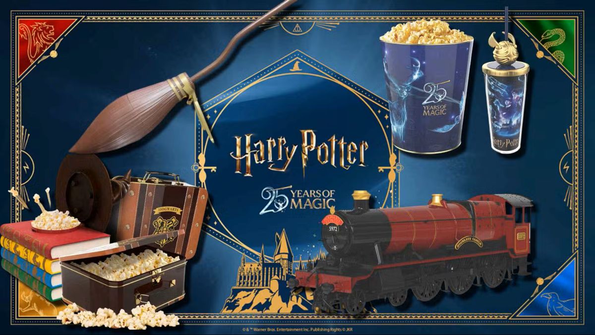 Harry Potter 25th anniversary image featuring a broom, books, popcorn, Hogwarts Express train, suitcase, popcorn buckets, and golden snitch, set against a blue magical background.