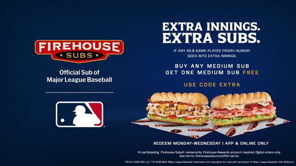 An advertisement for the MLB Firehouse Subs deal featuring two sub sandwiches on a dark blue background. The graphic promotes a "Buy one medium sub, get one free" offer using code EXTRA if any weekend MLB game goes into extra innings, redeemable Monday through Wednesday on the app or online.