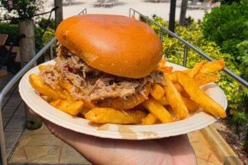 Close-up of a thick Adventure Island pulled pork sandwich on a brioche bun served with a side of seasoned french fries on a paper plate.