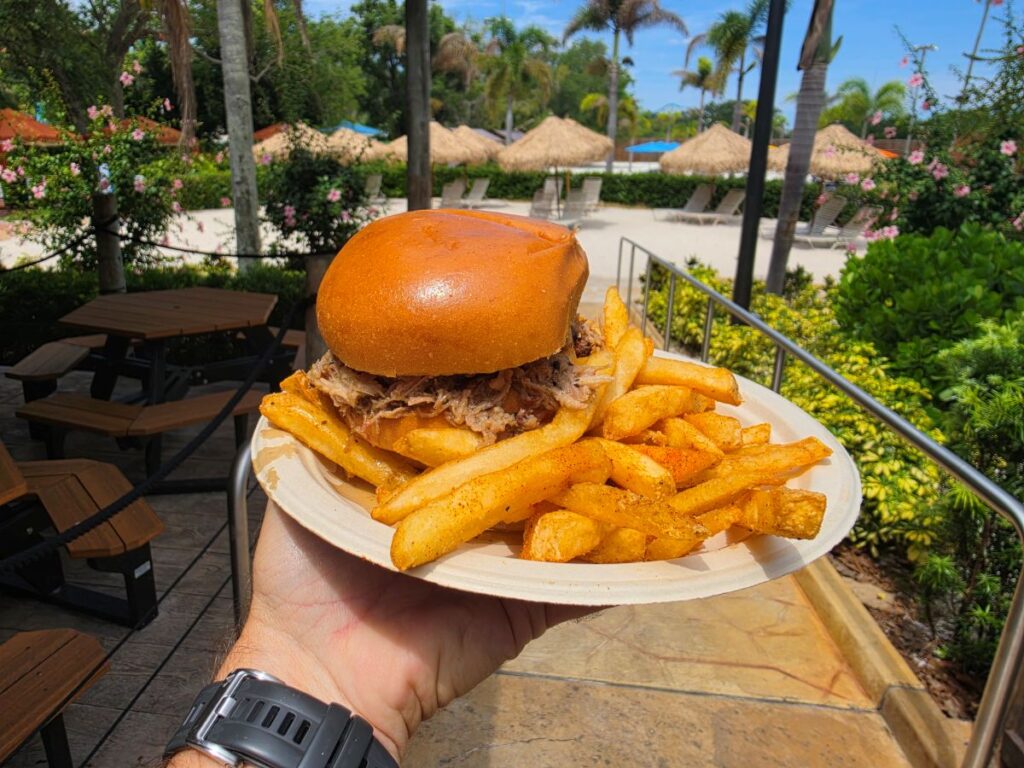 A hand holding a plate with a pulled pork sandwich and seasoned fries, with outdoor patio tables and beach chairs in the background.
