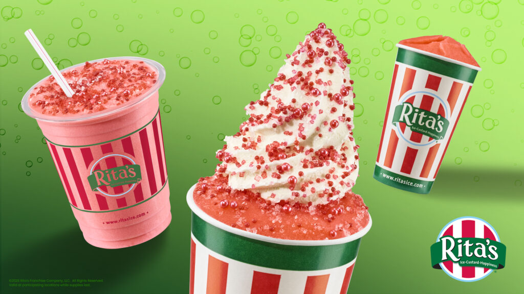 Three Rita's Shirley Temple Italian Ice treats including a pink blended drink with a straw, a red Italian ice topped with custard and sprinkles, and a cup of classic red Italian ice on a green bubble background.