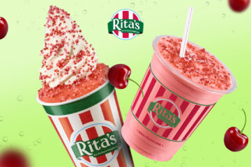 Rita's red Shirley Temple Italian ice topped with vanilla custard and a pink blended drink surrounded by floating fresh red cherries and green bubbles.