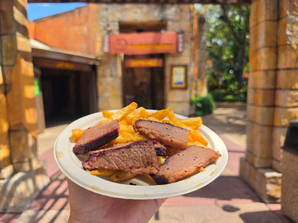 A hand holding a plate of Texas Style Brisket and french fries with the Zambia Smokehouse entrance in the background at Busch Gardens Tampa Bay for a Zambia Smokehouse review