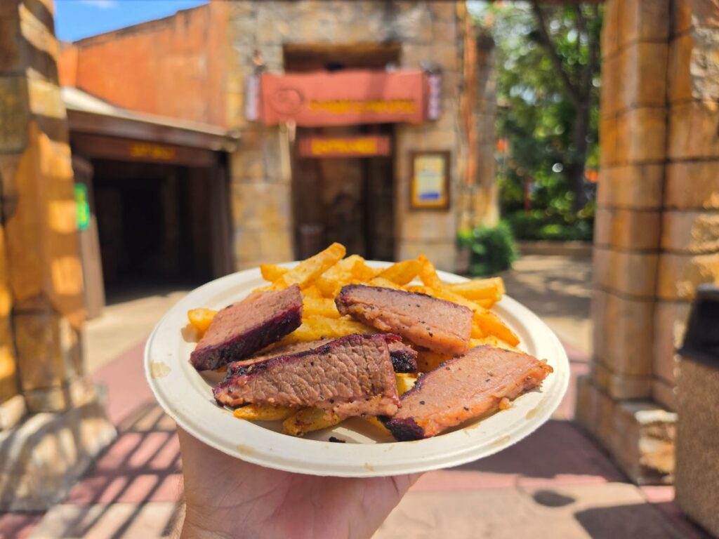 A paper plate filled with sliced Texas Style Brisket and seasoned fries held in front of the Zambia Smokehouse restaurant at Busch Gardens Tampa Bay