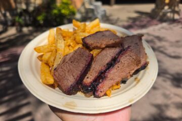 A close-up view of a paper plate filled with sliced Texas Style Brisket and seasoned french fries outdoors at Busch Gardens Tampa Bay.