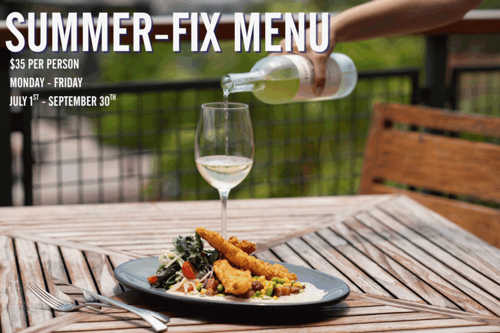 Promotional graphic for the Paddlefish Summer-Fix Menu featuring an outdoor wooden table with a plated seafood entree, a salad, and a glass of white wine being poured from a bottle. Text overlays read "$35 per person," "Monday – Friday," and "July 1st – September 30th."