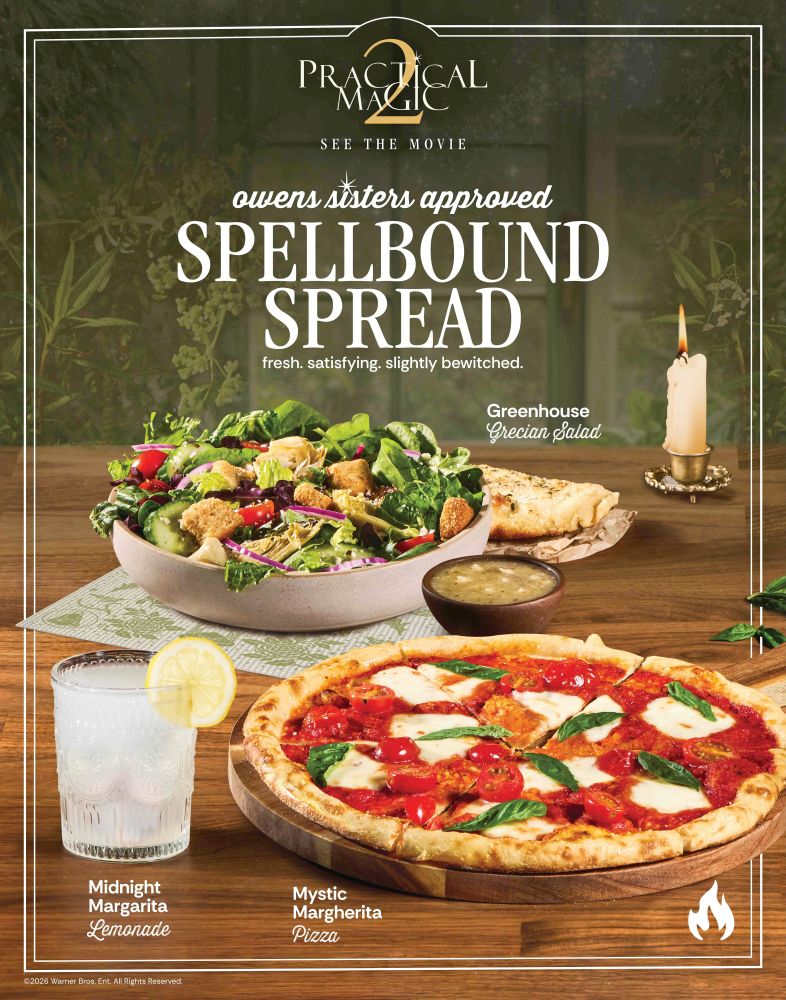 A promotional poster for Practical Magic 2 features a Grecian salad, a Margherita pizza, and lemonade on a wooden table with a lit candle nearby.