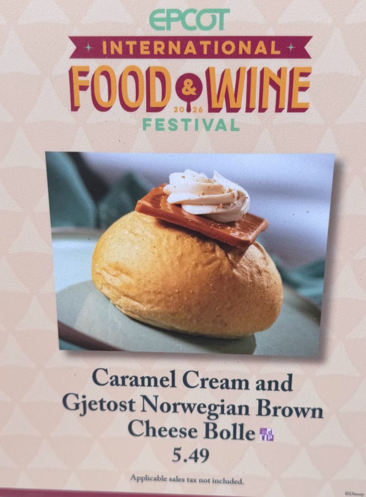 Caramel Cream and Gjetost Norwegian Brown Cheese Bolle sign for Epcot Food & Wine Festival
